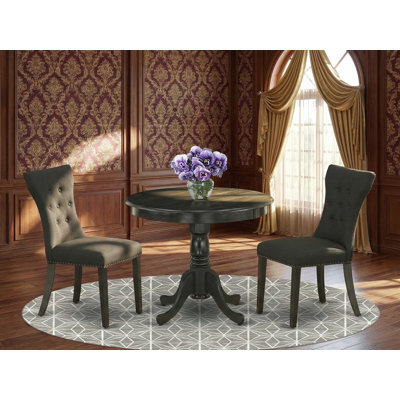 3 Piece Dinette Set for Small Spaces Contains a Round Kitchen Table with Pedestal and 2 Black Linen Fabric Parson Dining Chairs, Wire brushed Black