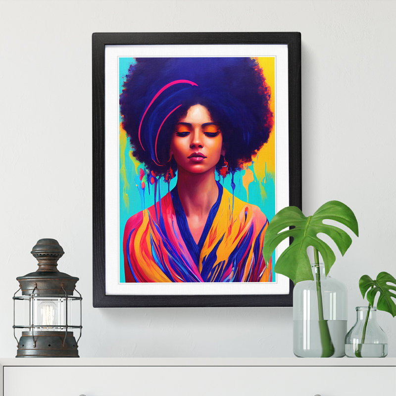FRM-V0523-2938X Woman With Afro Painted - Single Picture Frame Print, 46cm H x 34cm W x 2cm D, Walnut