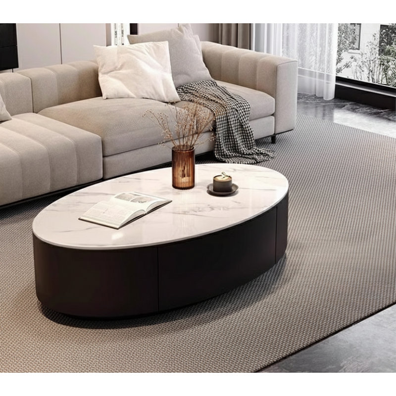 Modern 47" Oval Coffee Table With Storage, White Faux Marble Top & Black Metal Base, White