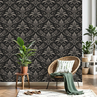 Peel and Stick Elegant Black Silver Floral Damask Vintage Leaves Blossoms