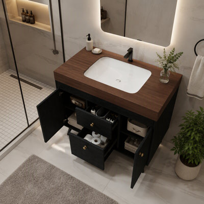 Meuble-lavabo autoportant moderne de 36 po avec plateau en pierre frittée, lavabo en céramique et rangement intelligent