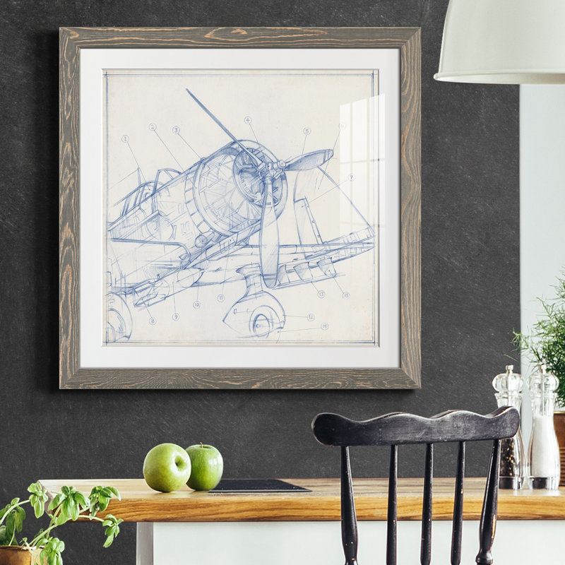 Croquis mécanique d'avion I-Premium, reproduction encadrée - prêt à être accroché, H 22,5 po x l 22,5 po x P 1,5 po, Blanc