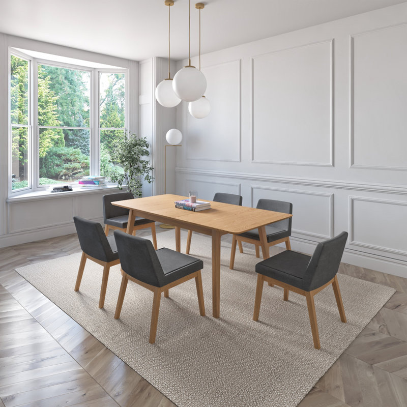 Braju Indoor Wood Extendable Dining Set, Oak, 7 Pieces: Table, 6 Chairs