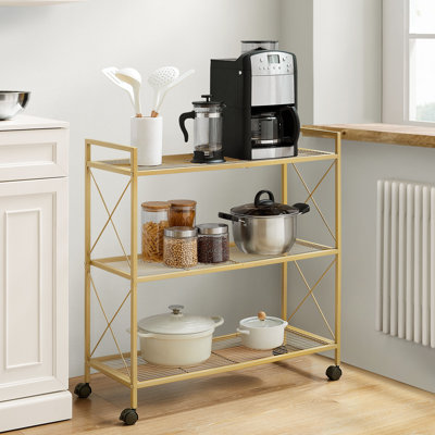 Étagère en filet, support de rangement en métal à 3 niveaux avec roulettes, avec cadres latéraux en X, pour entrée, cuisine, style industriel