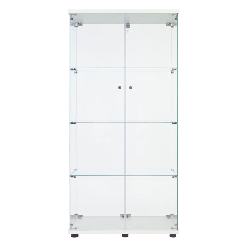 LED Strip Light Two Door Glass Cabinet Glass Display Cabinet With 4 Shelves, 14.37" H x 64.56" W x 31.69" D, White