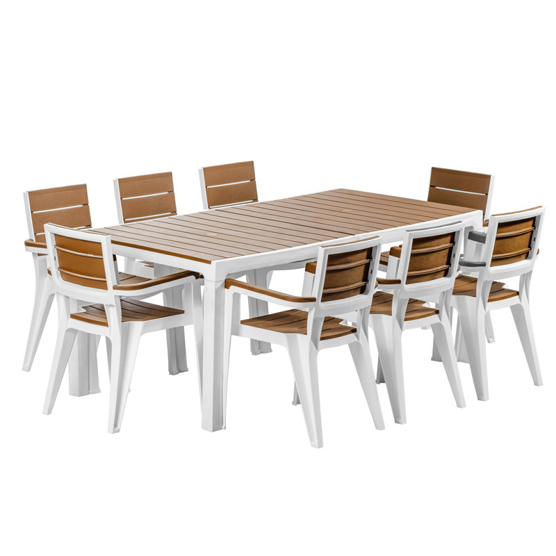 Ensemble de table 8 places et 8 chaises, blanc / brun teck, Brun, Blanc, 8