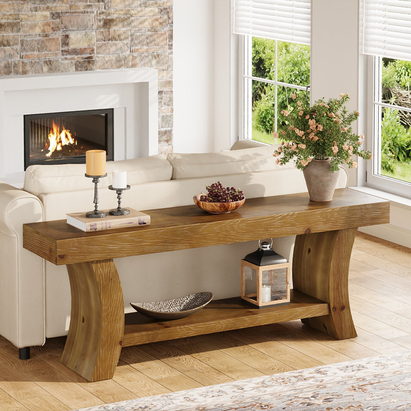 Console de 63 po en bois massif, table d'entrée de style campagnard, table de canapé avec tablettes à 2 niveaux, Marron foncé