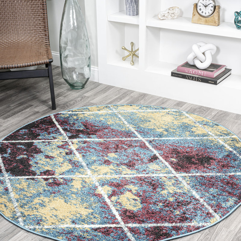 Lüders Minimalist Diamond Trellis Multi/White Rug, Round 5'3"