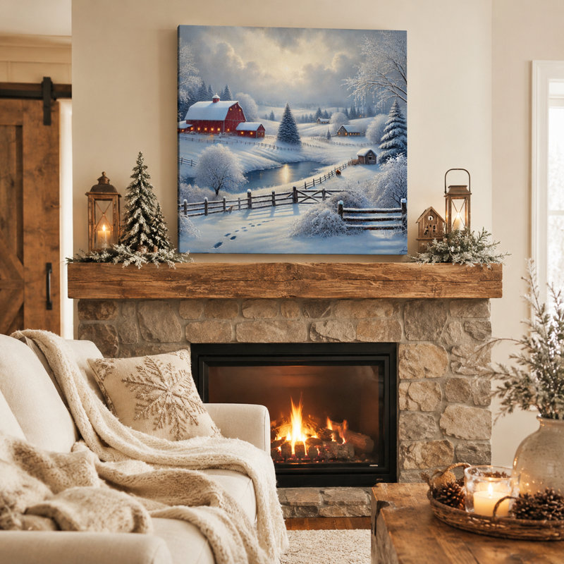 Tranquil Winter Barn: Snowy Countryside Landscape, art sur toile, H 30 po x l 30 po x P 1,5 po