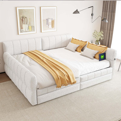 Très grand lit plateforme tapissier avec tiroirs de chargement et de rangement USB, élégant et fonctionnel pour les chambres modernes. (Matelas non inclus)