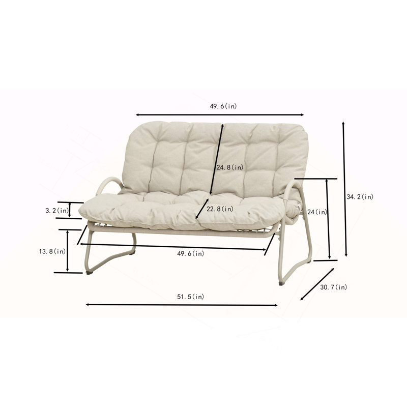 Ensemble de causeuse et de table basse d'extérieur moderne, ensemble de conversation de patio toutes saisons avec coussins épais, mobilier de bistro 2 pièces pour la cour, le balcon, le jardin, blanc cassé