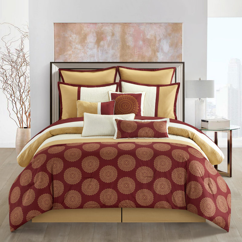 Angellyna 10 Piece Medallion Print Comforter Set, King, Burgundy