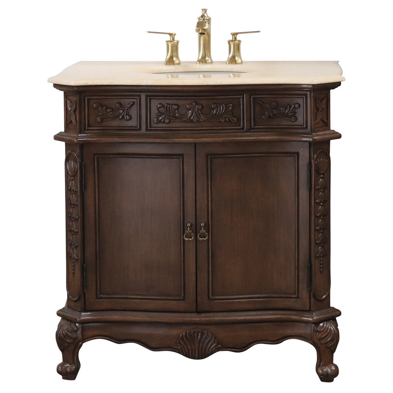 Walnut Wood Single Bathroom Vanity with Cream Marble Top