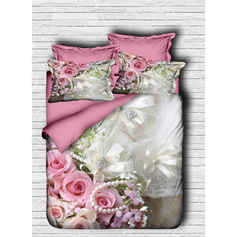 Ensemble de housse de couette élégante double, rose et gris, 79 po x 87 po | 100% polyester de polyester et 100% coton, lavable à la machine | Comprend 2 taies d'oreiller (20 po x 28 po) | Impression 3D de haute qualité, fermeture à glissière