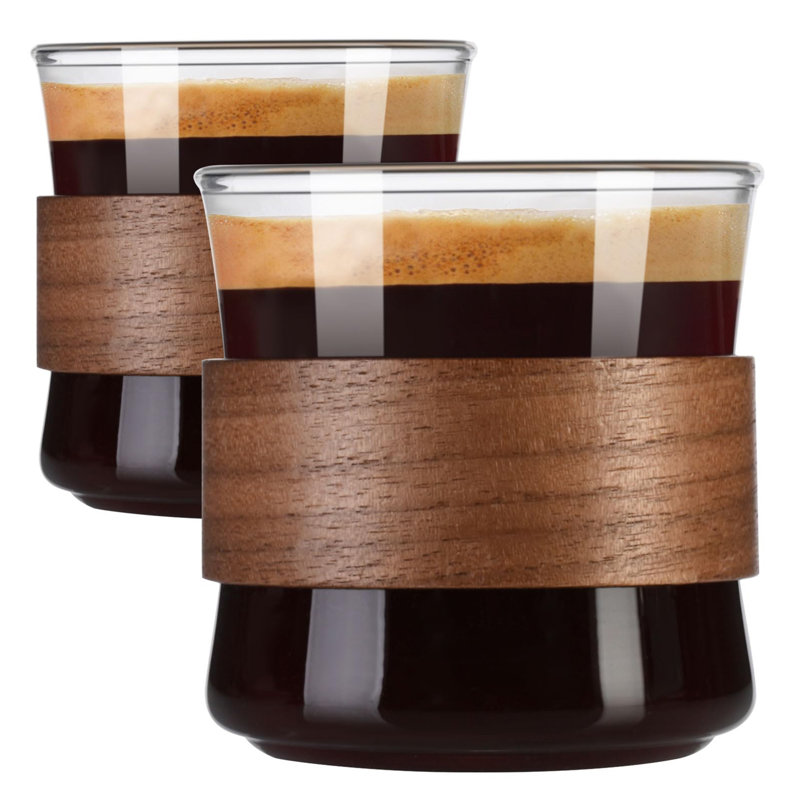 Ensemble de 2 tasses à espresso avec anneau en bois, verre à liqueur à haute teneur en borosilicate 8 oz, petite tasse à expresso transparente, accessoires pour espresso