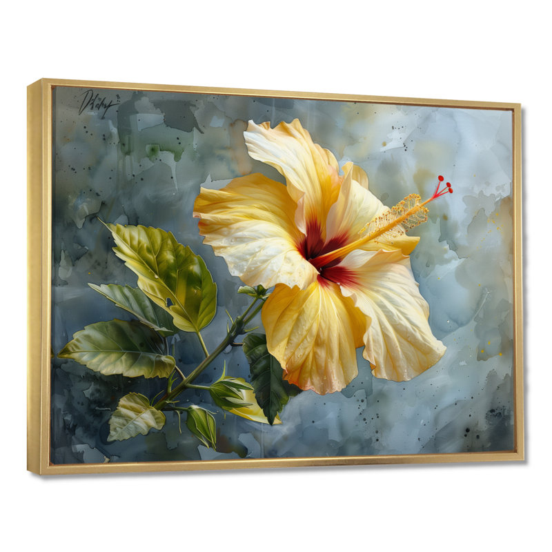 Décoration murale Vanesa - Hibiscus, Toile avec cadre flottant or, H 30 po x l 40 po x P 1,5 po