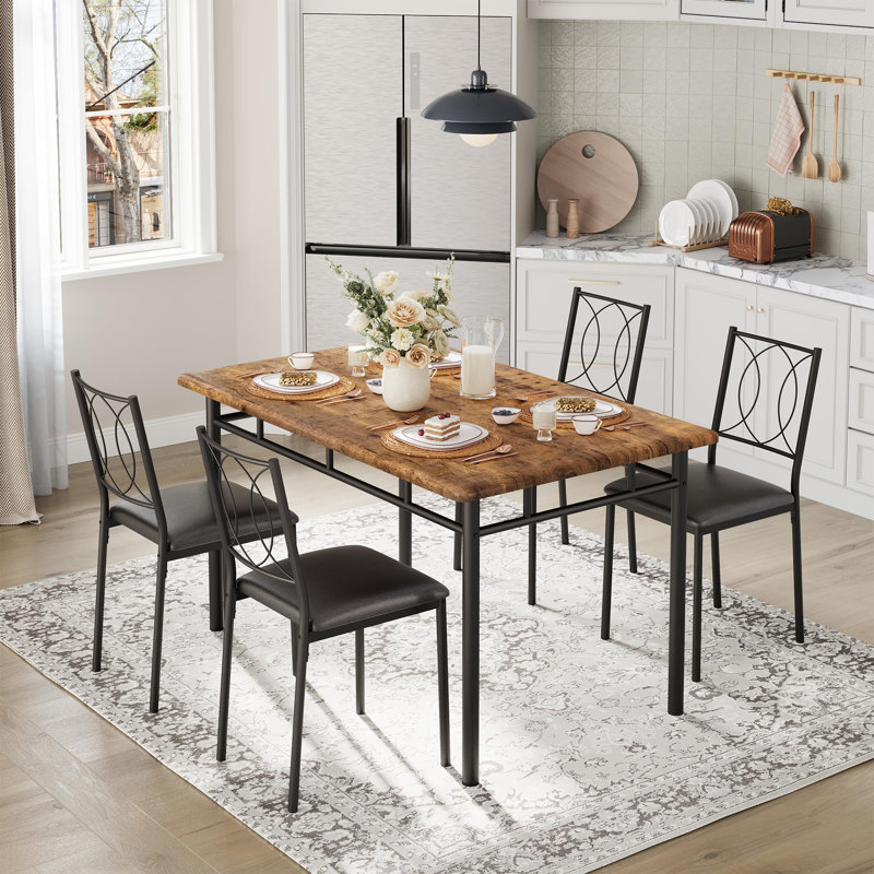 Ensemble de table de salle à manger moderne pour 4 personnes, table de cuisine en bois de ferme avec 4 chaises rembourrées, coin-repas compact