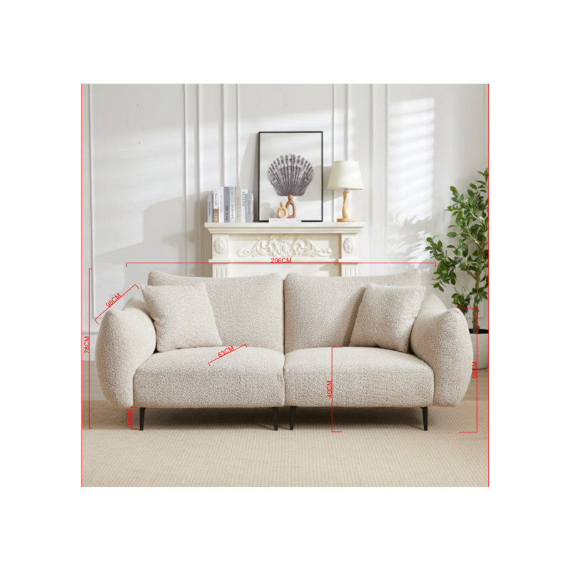 Salon surdimensionné en blanc, avec pieds en métal et 2 coussins, canapé avec cadre en bois massif, revêtement, convient aux bureaux d'appartements, pieds très larges, cadre pour un style attrayant