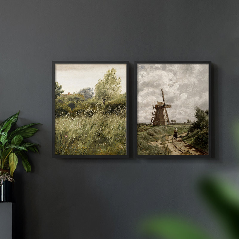 «Vintage Landscape», ensemble de 2 estampes numériques encadrées, Noir, noir, noir, noir, H 9 po x l 22 po