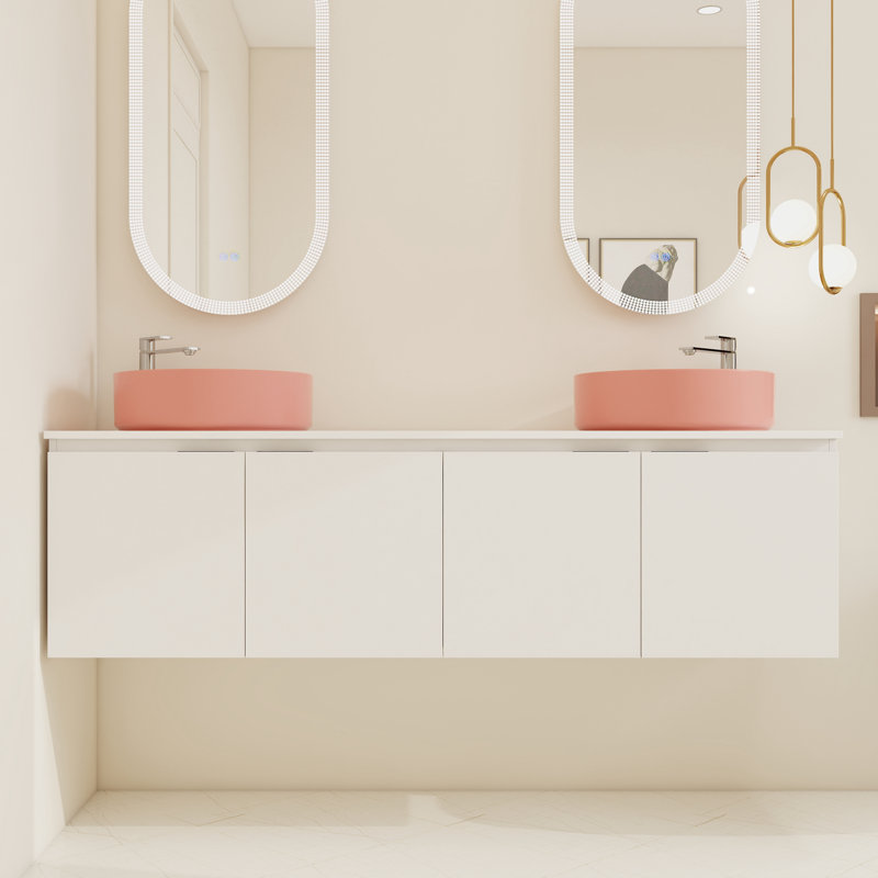 Dalmahoy 60" Bathroom Vanity with Sink, 60 Inch Floating Vanity, Double Sink Wall Mounted Vanity Combo, Modern White Bathroom Vanity Set with 4 Doors and Ceramic Basin Sink