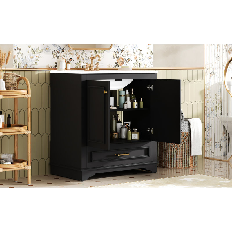 Meuble-lavabo de 30,5 po avec lavabo en céramique, tablette de rangement et portes à fermeture en douceur - charme rétro, fonctionnement silencieux, lavabo compact de 30 po, conception élégante réglable, rails coulissants lisses, idéal
