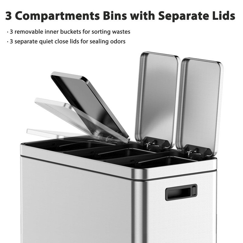 Stainless Steel Step On Multi-Compartments Trash & Recycling Bin - 16 Gallons