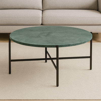 Table basse | Table basse en marbre vert avec structure en métal gris pour le salon | 17 po de hauteur