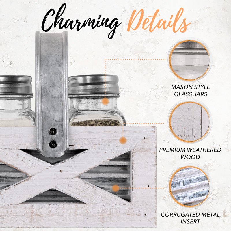 Rustic White-Wash Wood and Glass Salt & Pepper Shakers with Metal Caddy