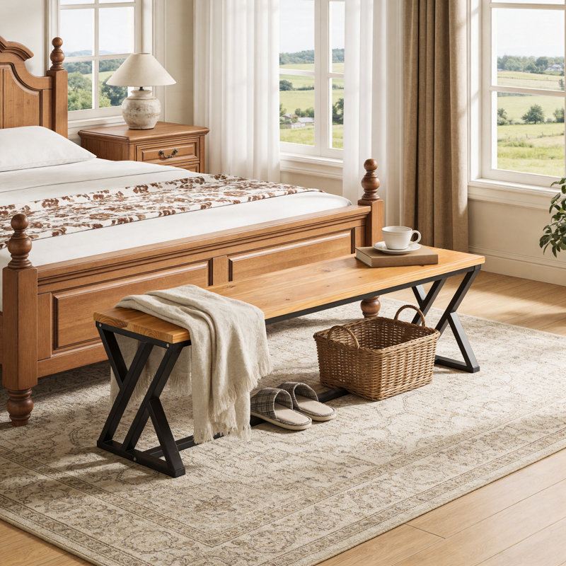 Solid Wood Entryway Bench, 55" Long End Of Bed Bench With Metal Legs For Bedroom, Hallway, Foyer