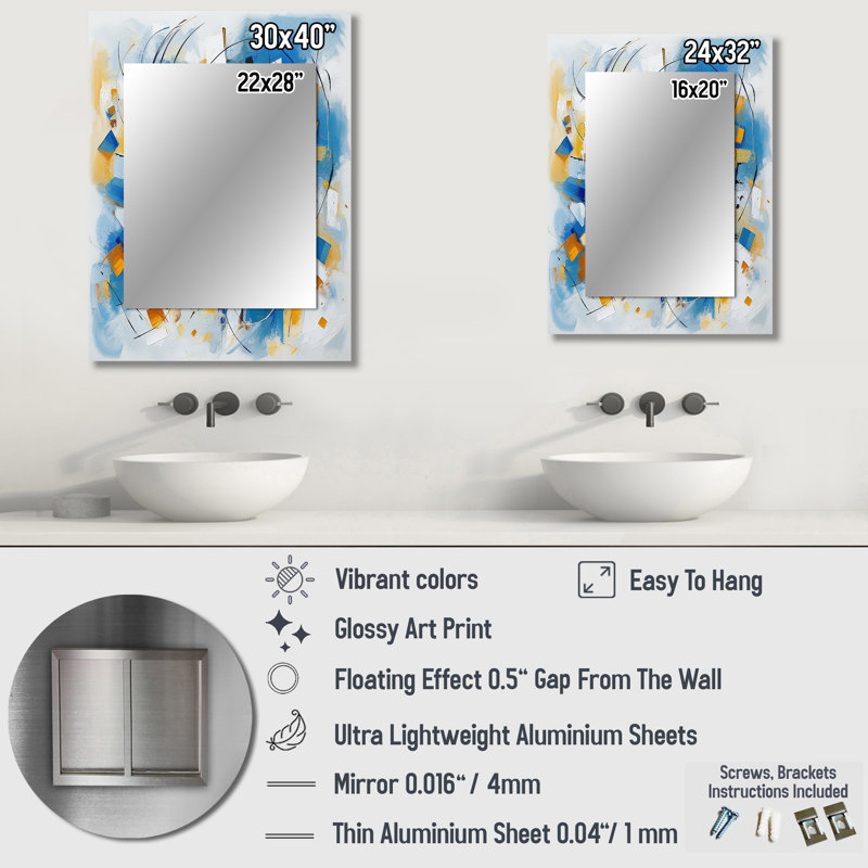 Blue Abstracted Fractals And Dimensions I - Geometric Wall Mirror, Modern Decorative Mirror, Printed Metal Art, 40" x 30"