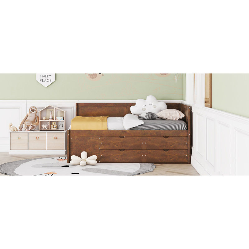 Lit de jour double compact avec tiroirs de rangement, bois massif, finition noyer moderne