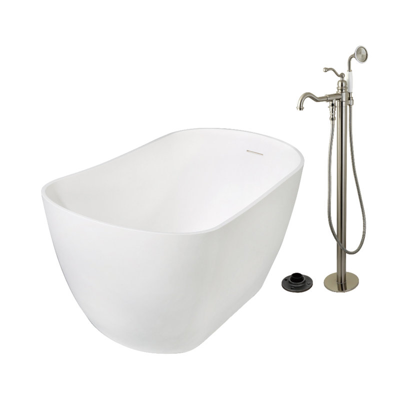 Kingston Arcticstone 51-Inch Solid Surface Oval Single Slipper Freestanding Tub With Faucet Combo And Drain, Brushed Nickel
