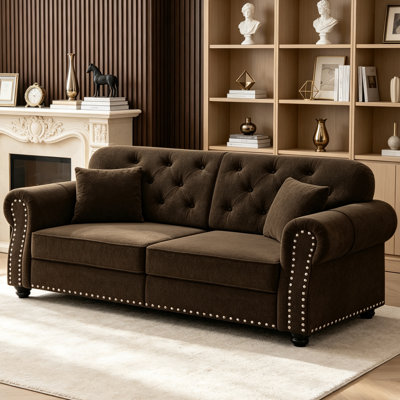 63" Mid-Century Chesterfield Velvet Sofa, Rolled Arms, Nailhead Trim, Button Tufted with 2 Throw Pillows