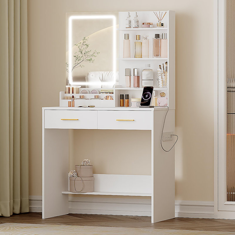 Dressing Table With LED Light, 2 Sockets And 2 USB Ports Dressing Table With 2 Drawers And 4 Open Shelves