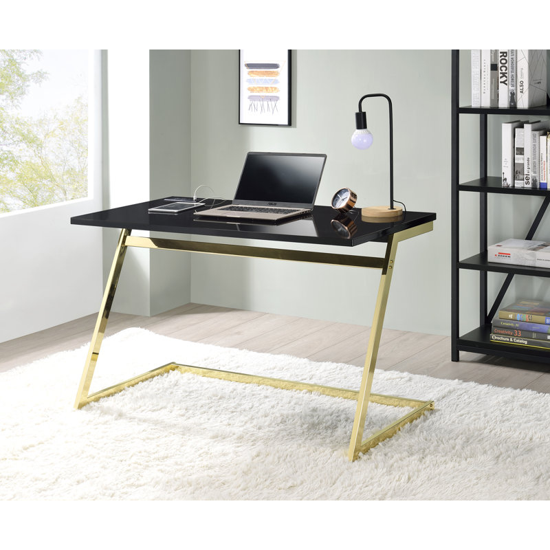 Metal Base Writing Desk with Power Outlet, Black/Gold