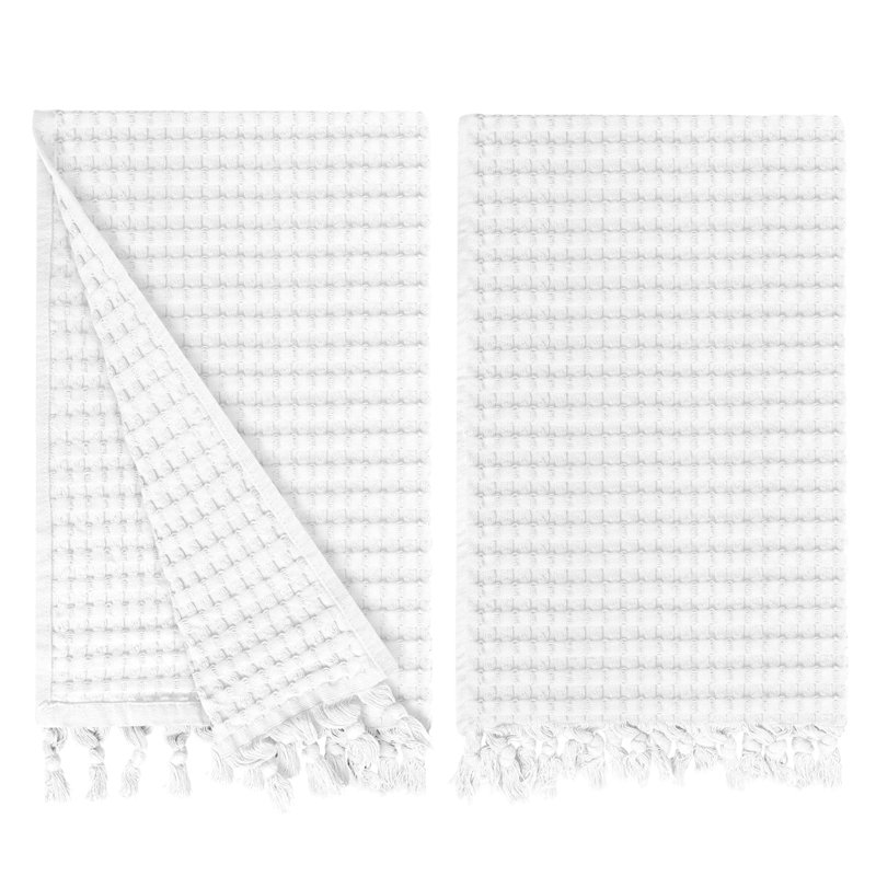 Waffle Tassel Hand Towel Set of 2 – 100% Natural Cotton Quick-Drying, Super Absorbent, Modern Style, White