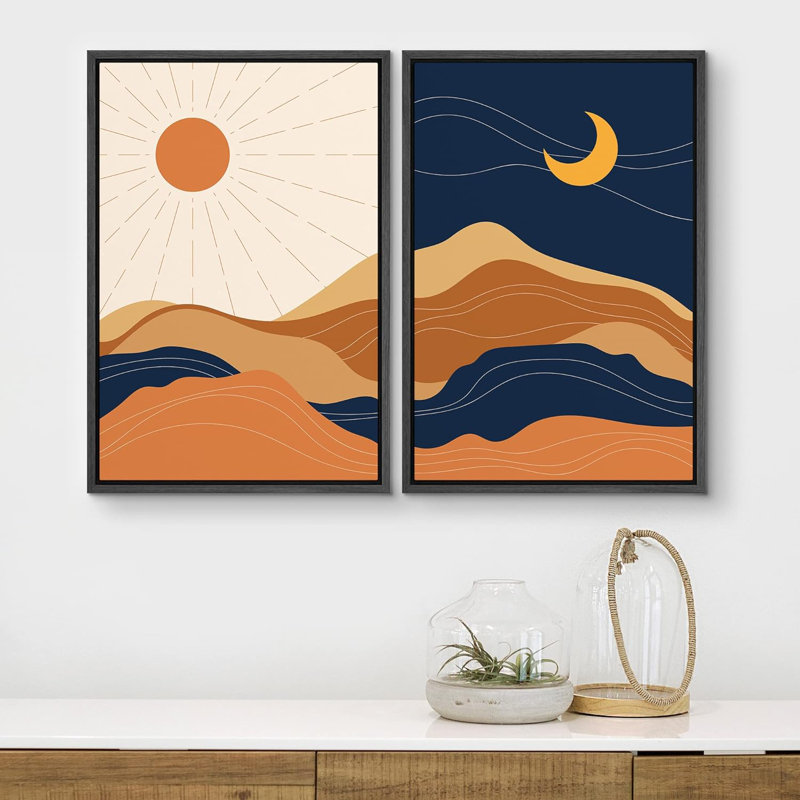 Sun And Moon " Sun & Moon Desert Abstract Landscapes Nature Shapes Modern Art Scenic " 2 - Pieces, Black Floater Framed