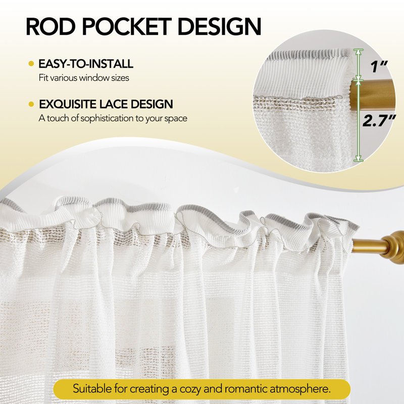 Ensemble de 2 rideaux semi-diaphanes avec passe-tringle blanc en laine, L 52 po x L 84 po