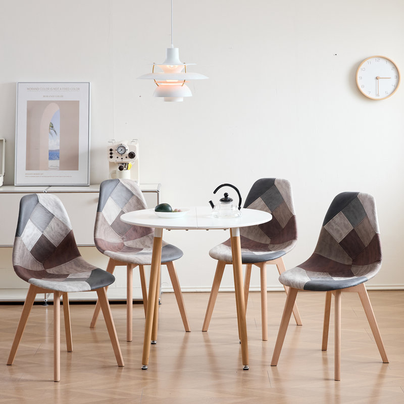 40.5cm Patchwork Linen Nordic style Dining Chairs with Solid Wood Legs, Brown/Grey