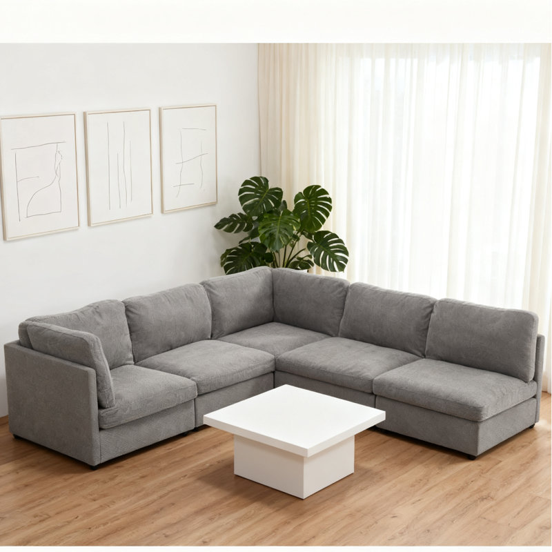 5 Piece Modular Sectional Sofa, Gray Polyester Blend