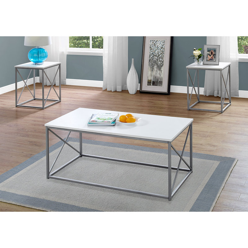 Ensemble de table, table basse, bout, côté, décor, salon, stratifié blanc, métal gris, Blanc, Argent, Couleur unie