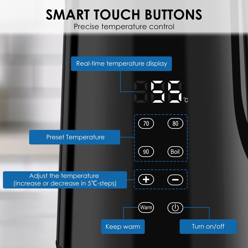 Stainless Steel Kettle 1.7 L 2200 W, with Temperature Selection 40-100°C, Digital Temperature Display, Keep Warm Function, Double Wall, Dry Boil Protection, BPA-Free, Black