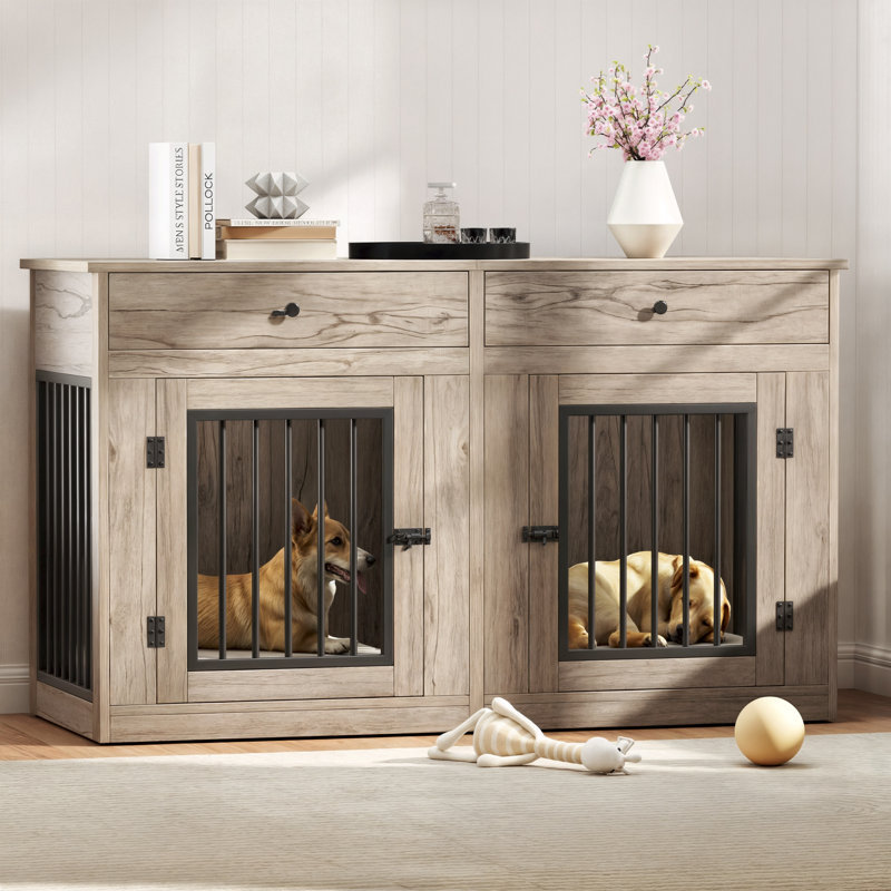 Faaija 60.2" W Engineered Wood Double Dog Crate with Removable Divider, Gray