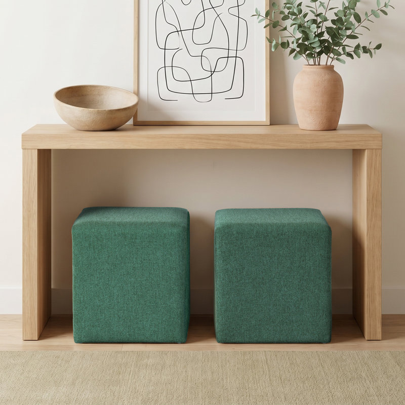 Modern Square Upholstered Ottoman with Solid Wood Frame Set Of 2, Green