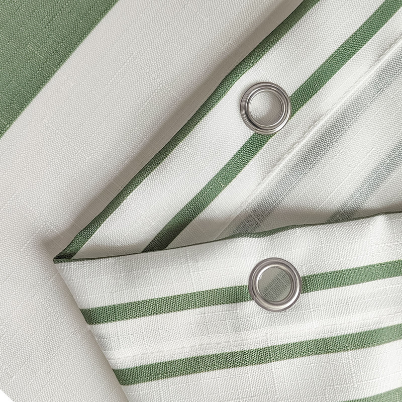 Sage Green and White Striped Fabric Shower Curtain with Pompoms