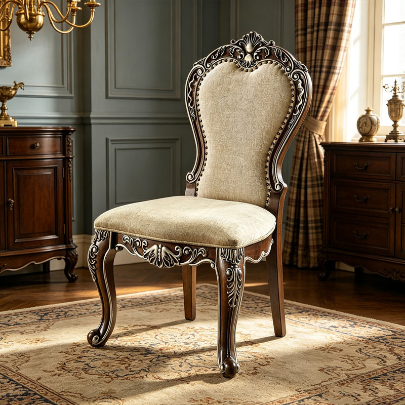 Chaise de salle à manger en bois massif recouverte de tissu, avec dossier et pieds sculptés à la main