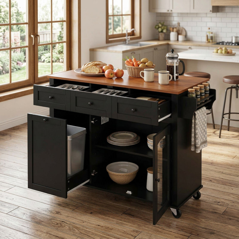 Îlot de cuisine mobile avec rangement à porte vitrée et armoire à poubelle, Black