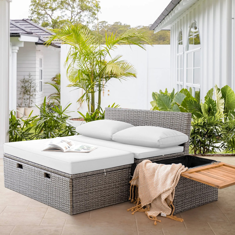 Pe Wicker Outdoor Patio Daybed With Storage And Acacia Wood Table, White