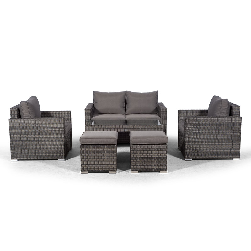 Villatoro Grey Rattan 2 Seat Sofa + 2 X Armchairs & 2 Stool Coffee Table, Outdoor Patio Garden Furniture