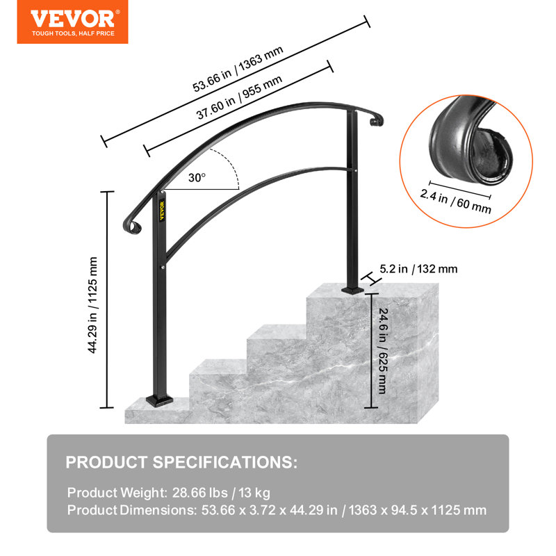 Rampes réglables en fer forgé VEVOR, Noir, H 44,29 po x l 53,66 po x P 5,20 po